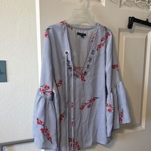 Striped Blue Floral Tie-Front Women's Blouse